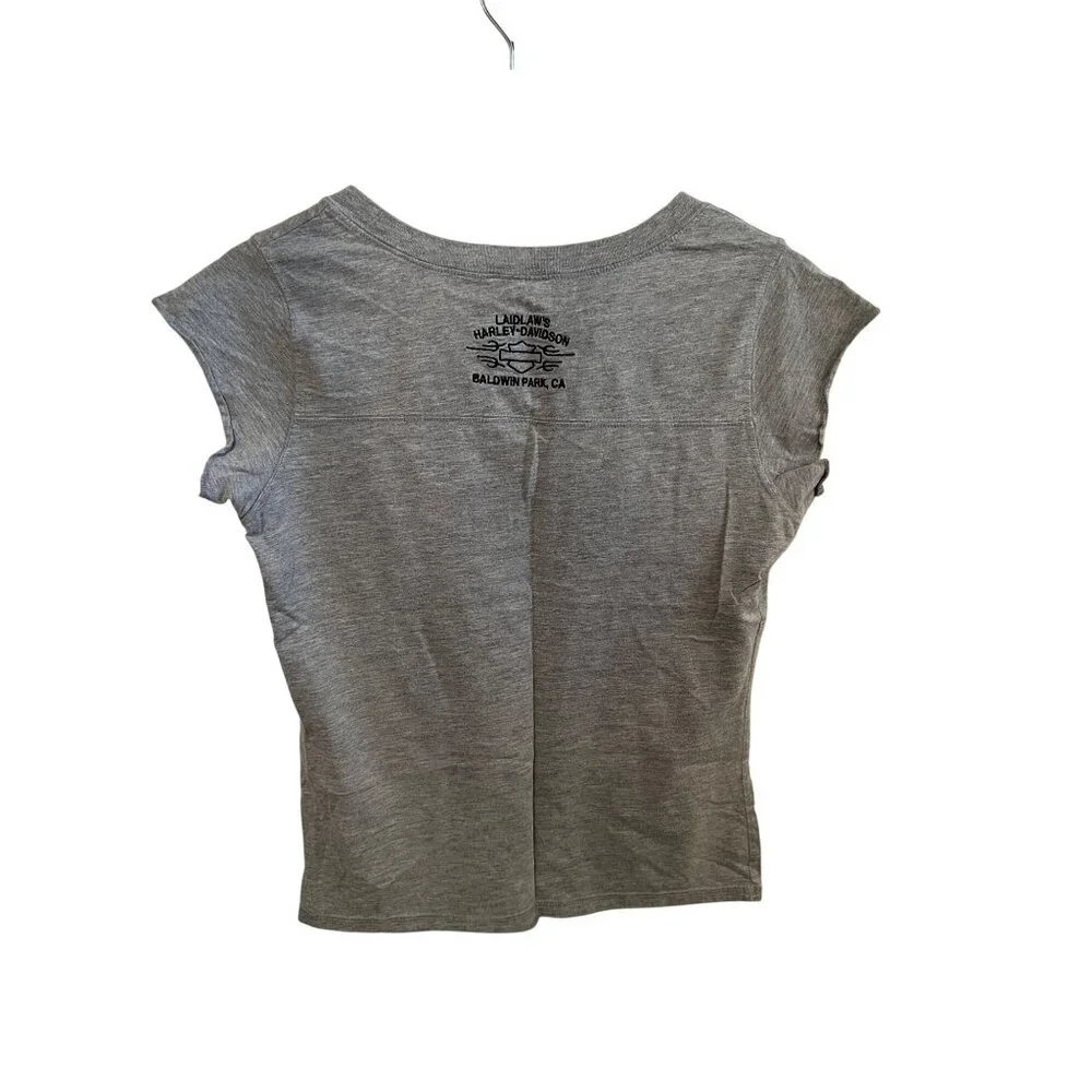Harley Davidson Gray Tee Short Sleeve Tshirt Cutout Neck Women's Size L Y2K - Picture 5 of 6